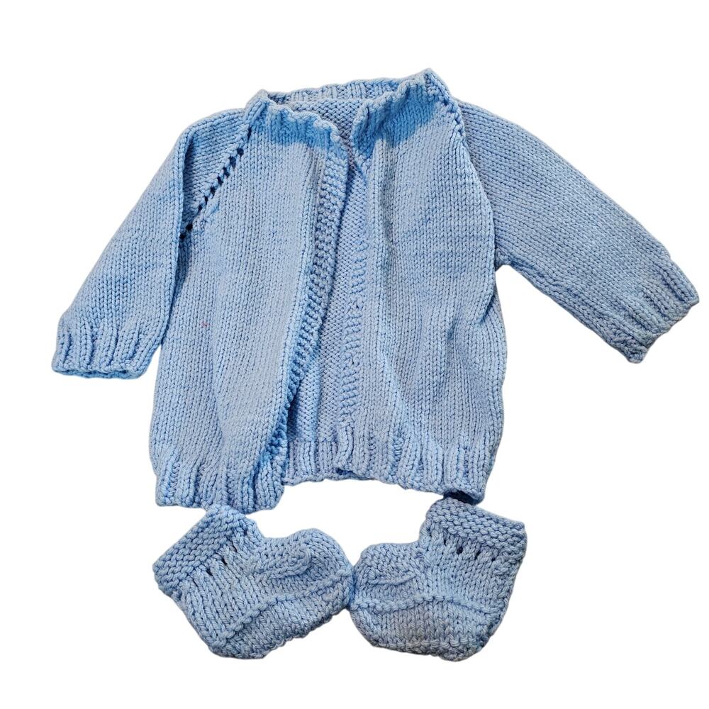 Vintage Hand Knit Sweater Booties Infant Size 18 Month Blue 80s Baby Cottage